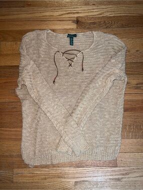 Ralph Lauren Lace-Up Scoop Neck Sweater - Beige